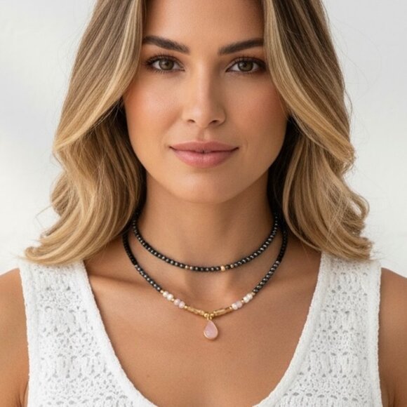 NWT Teardrop Pendant Beaded Necklace 18K Plated Black Onyx Hematite Rose Quartz - Picture 9 of 9